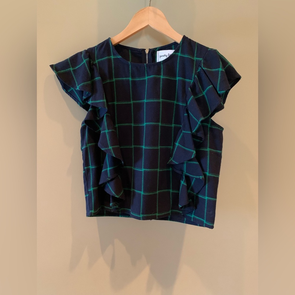 Navy and Green Plaid Ruffle Sleeve Cropped Top